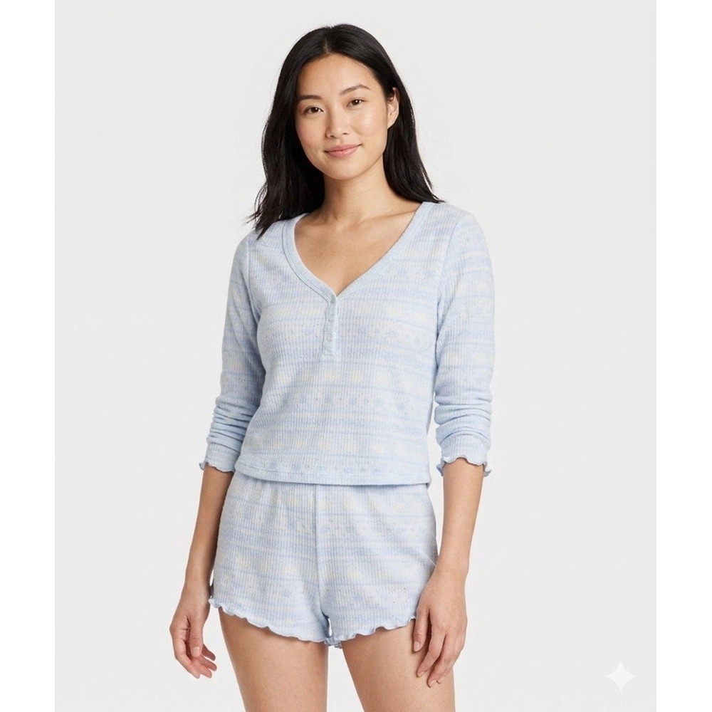 Women's Waffle Long Sleeve Top and Shorts Pajama Set - Wild Fable Blue Bunny